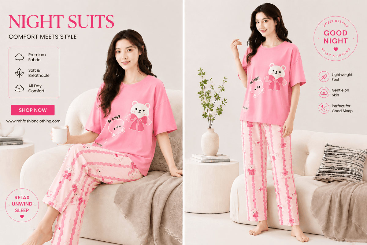 pink happy bear design night suit premium fabric for girls and woman