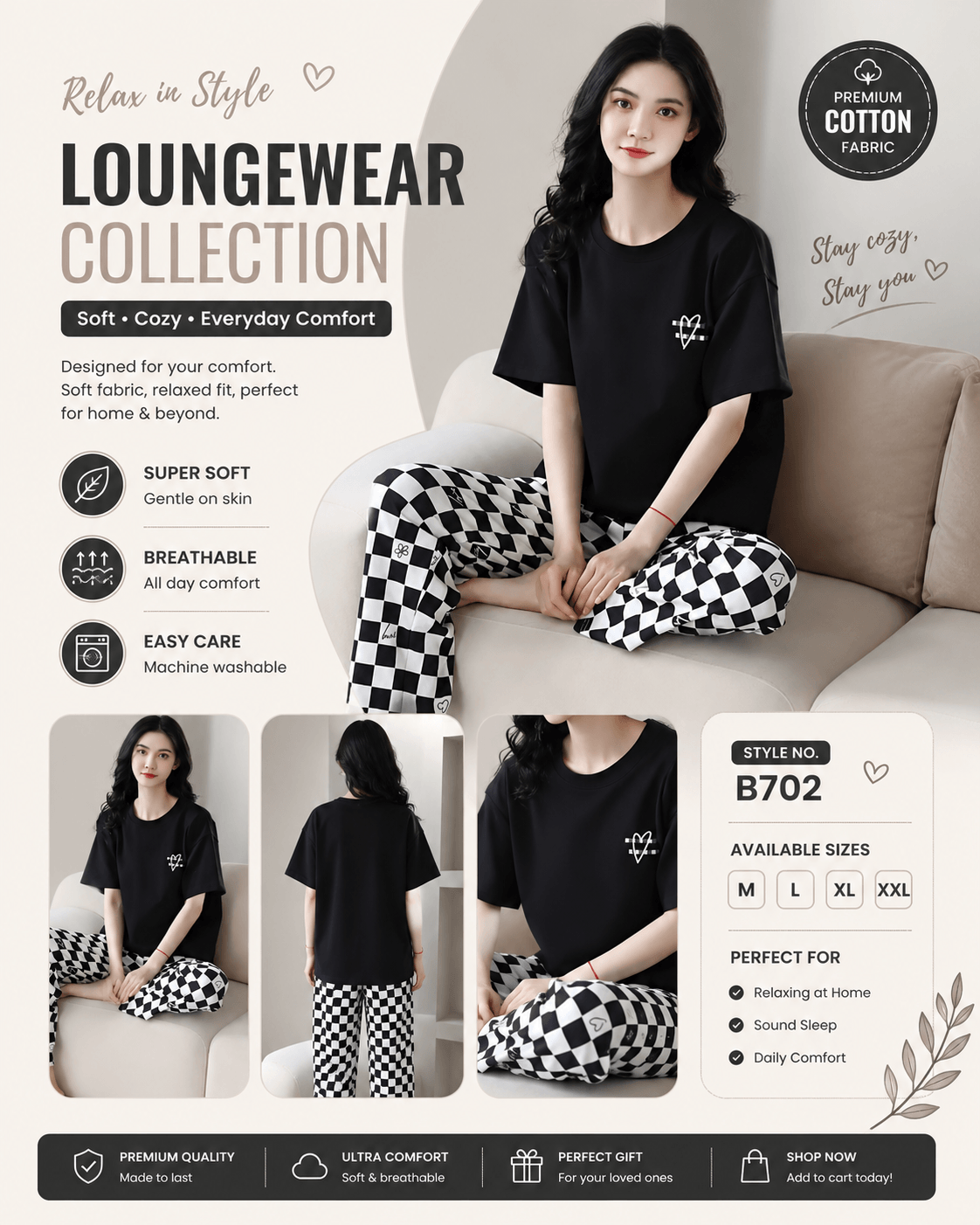 black check love printed night suit premium fabric for girl