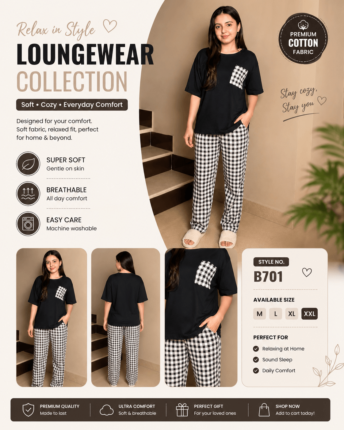 BLACK POCKET DESIGN NIGHT DRESS IN COTTON FABRIC