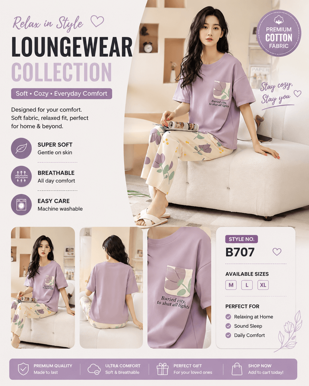 PURPLE POCKET DESIGN NIGHT DRESS IN COTTON FABRIC