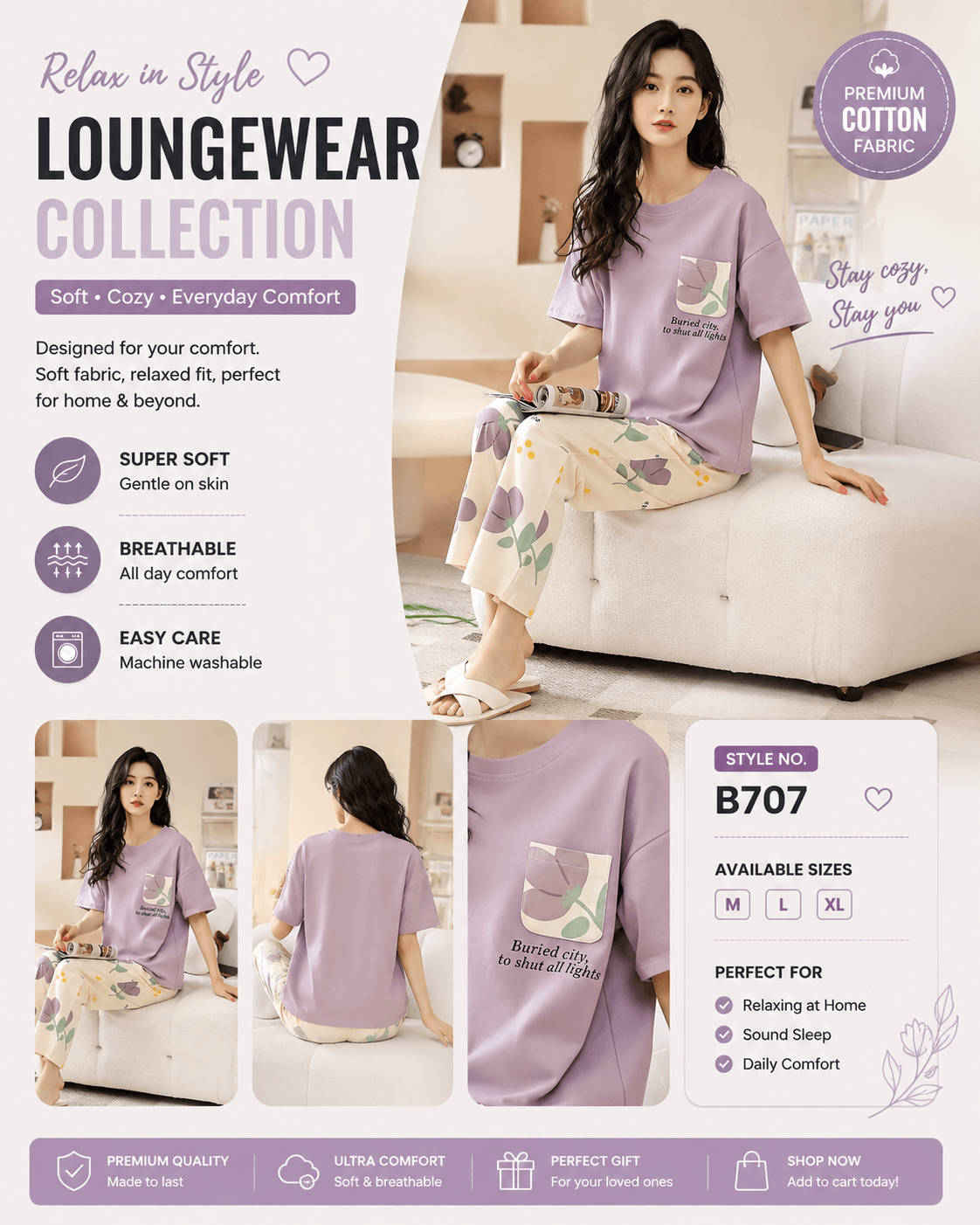 PURPLE POCKET DESIGN NIGHT DRESS IN COTTON FABRIC