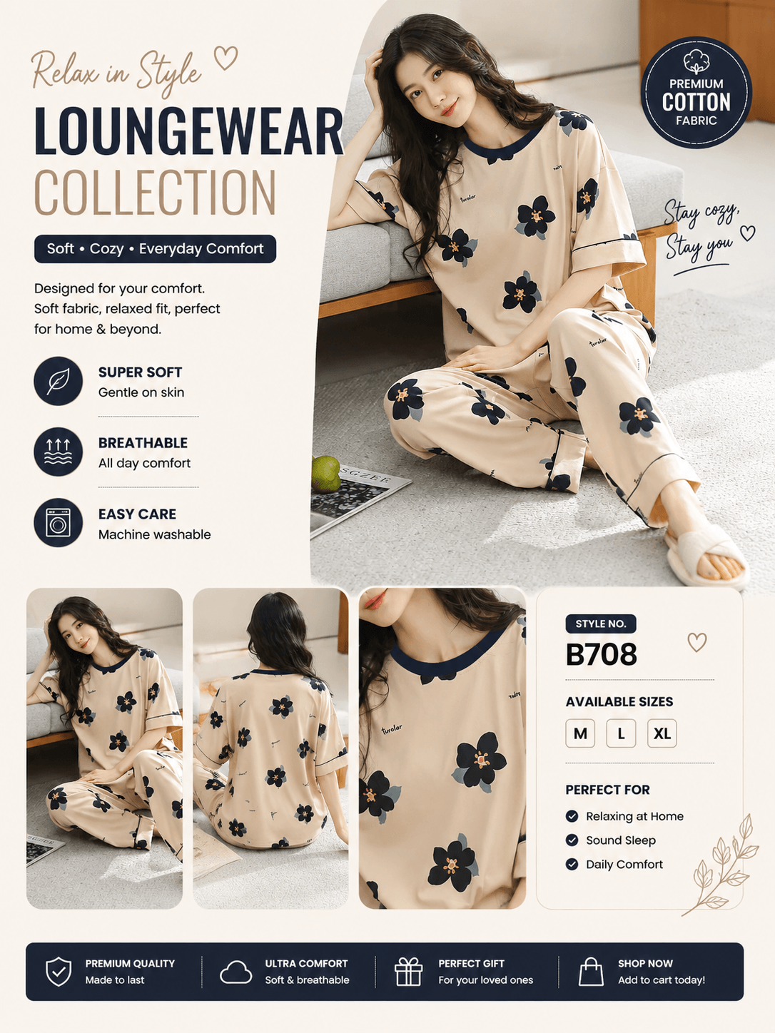 cream flower  design night suit premium fabric for girls and woman