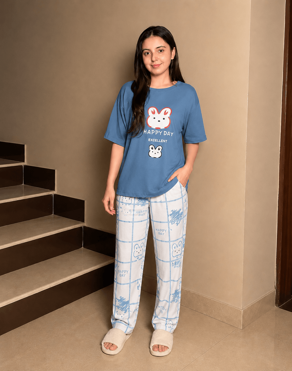 BLUE RABBIT DESIGN NIGHT DRESS IN COTTON FABRIC