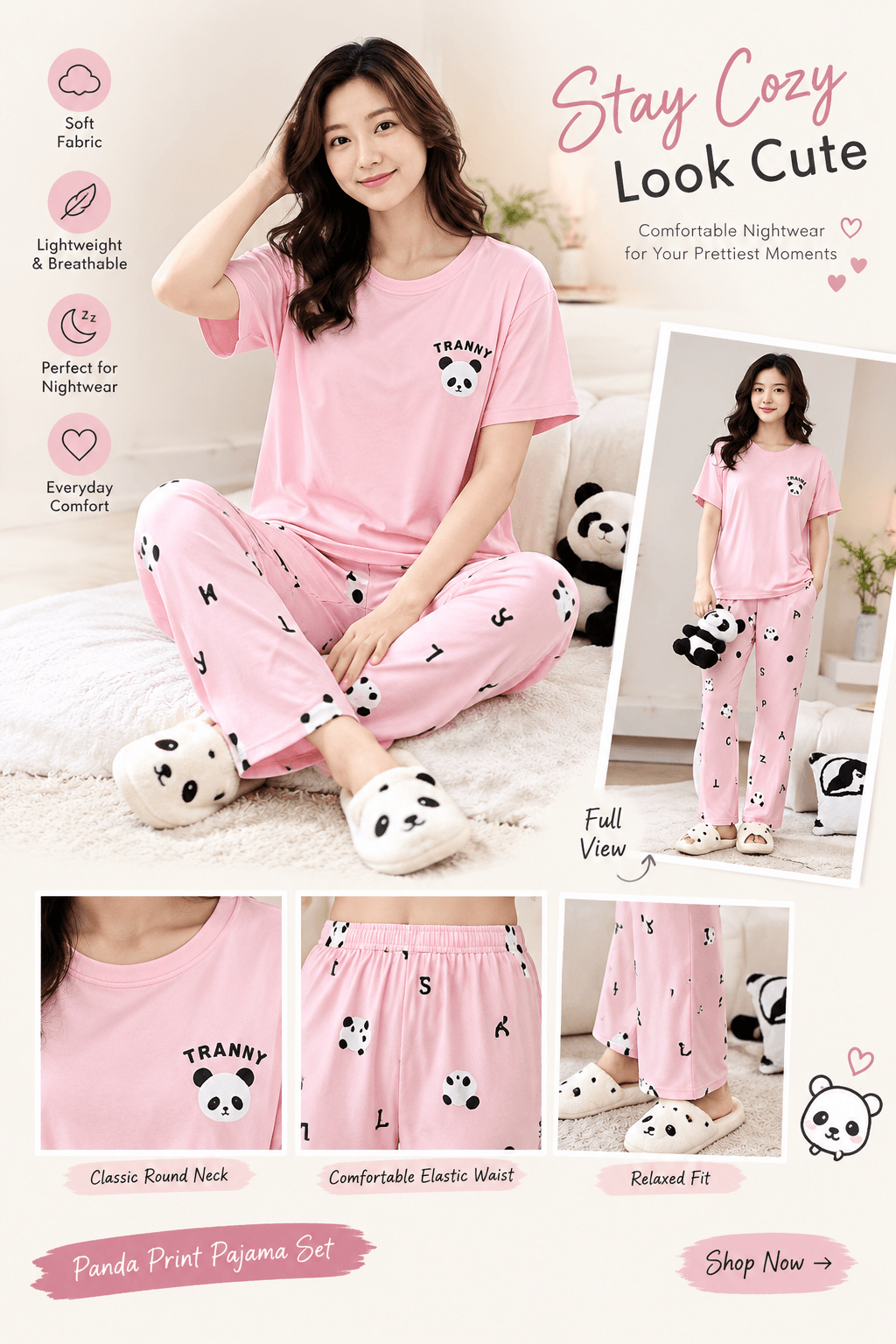 pink panda printed night suit premium fabric for girl