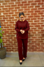 plain v neck button collar style night suit in soft cotton fabric