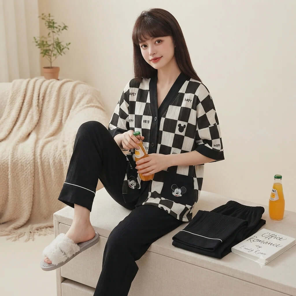 Black & White Mini Mouse Drop Shoulder Printed Button V-Neck Half Sleeves PJ Set