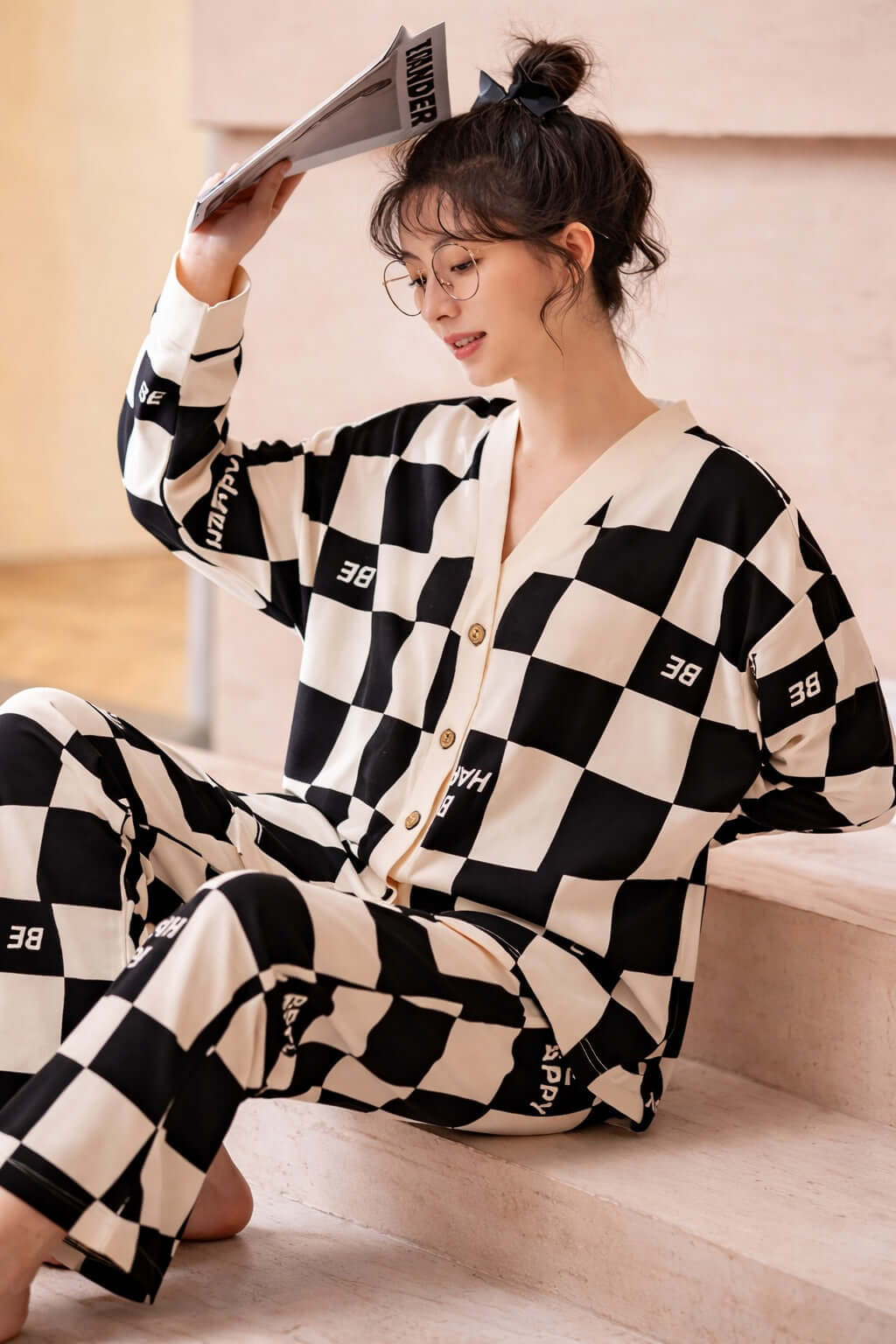Off White & Black Check Pajama Set for Women | V-Neck Button Night Suit | omii.pk