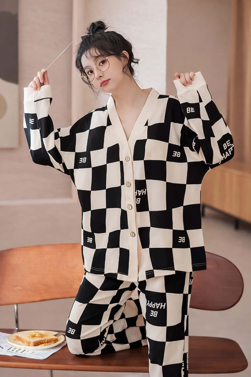 Off White & Black Check Pajama Set for Women | V-Neck Button Night Suit | omii.pk