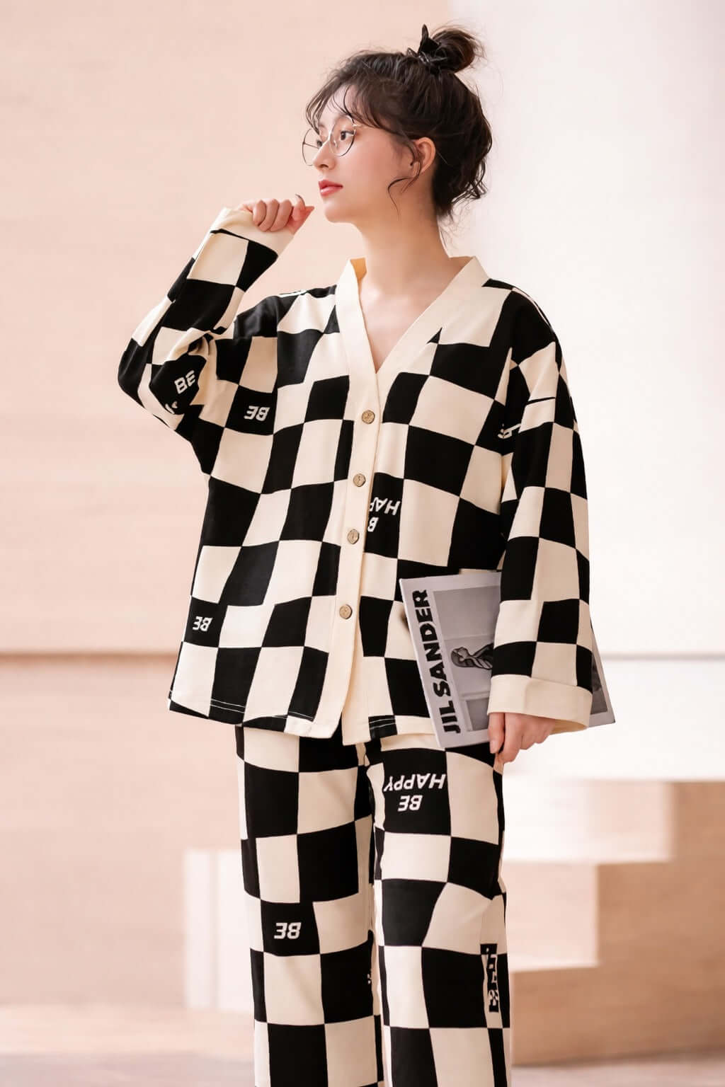 Off White & Black Check Pajama Set for Women | V-Neck Button Night Suit | omii.pk