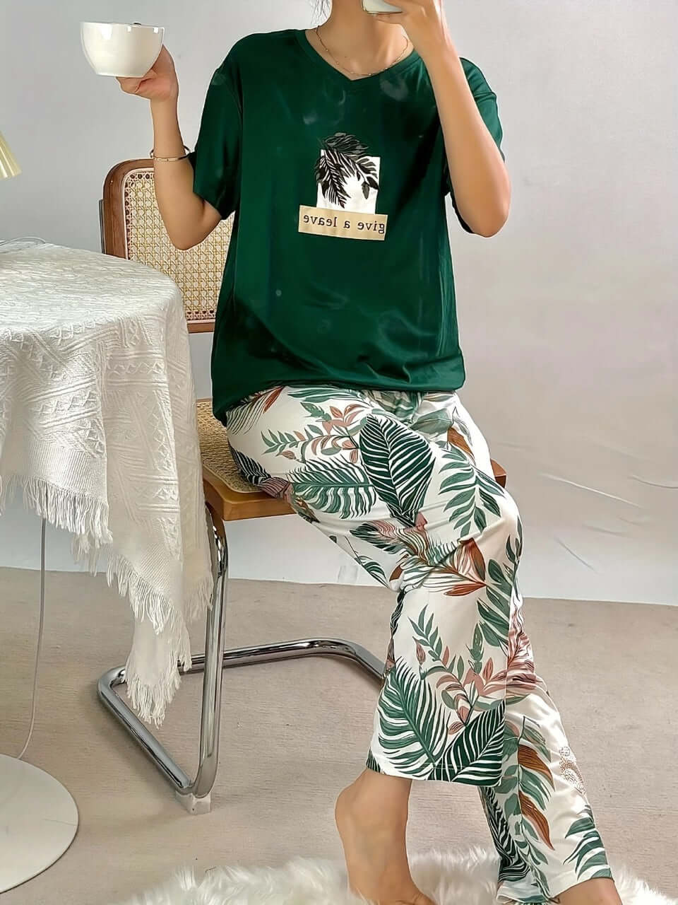 GREEN LEAVE DESIGN NIGHT DRESS IN COTTON FABRIC