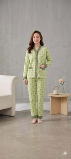 Green All Over Hearts Printed Button Style Pjs Set