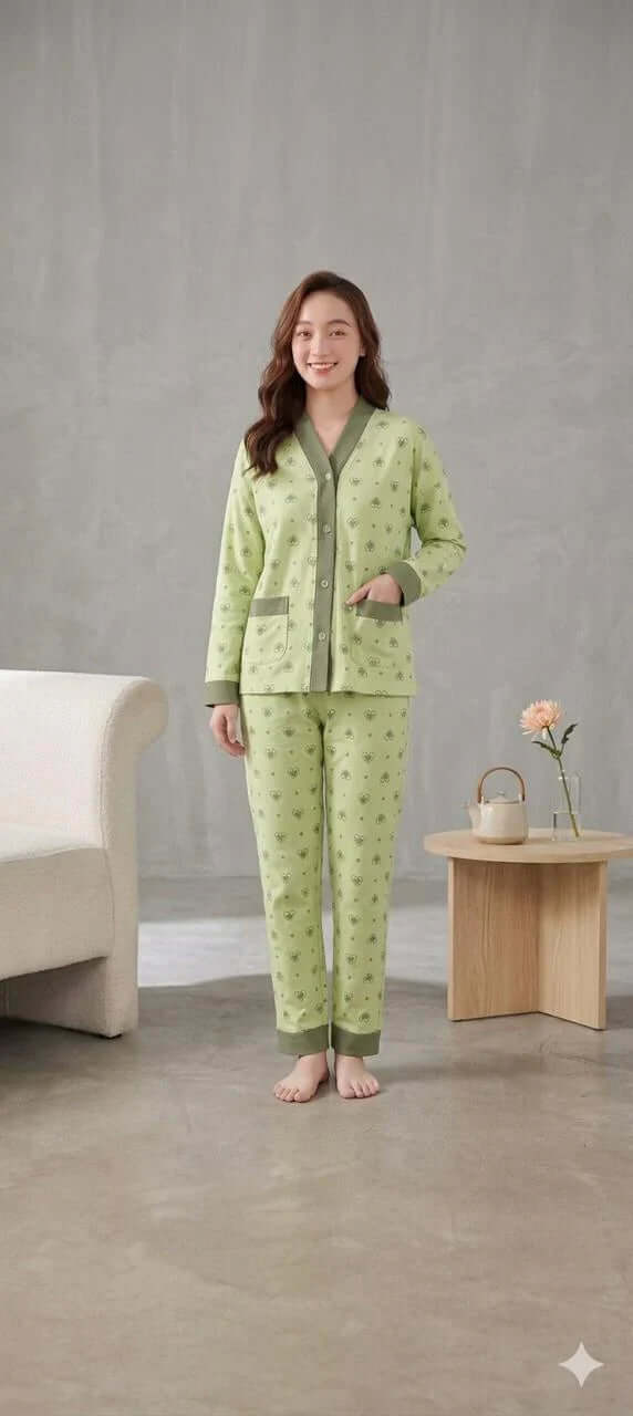 Green All Over Hearts Printed Button Style Pjs Set