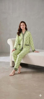 Green All Over Hearts Printed Button Style Pjs Set