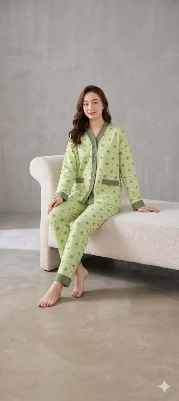 Green All Over Hearts Printed Button Style Pjs Set