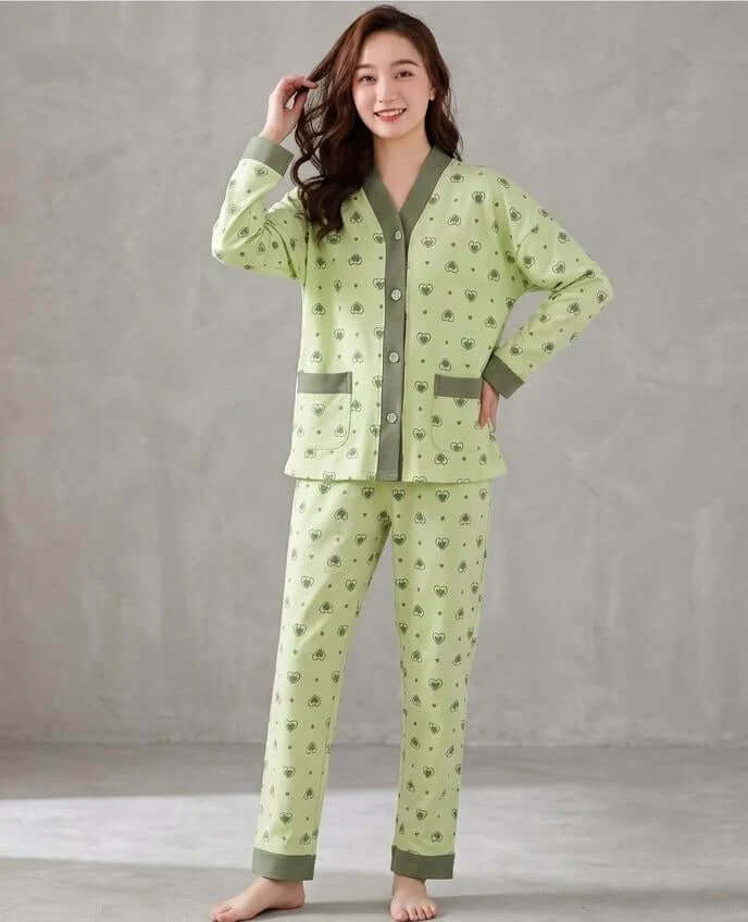 Green All Over Hearts Printed Button Style Pjs Set