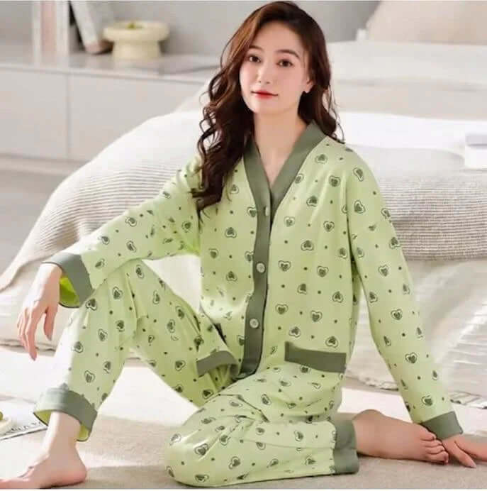 Green All Over Hearts Printed Button Style Pjs Set