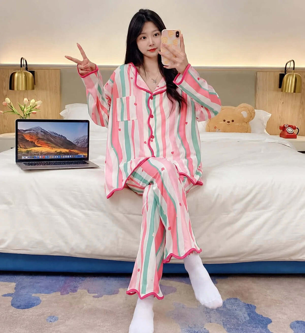 Pink with Shocking Pink V-Neck Button Printed Pj Set For Her