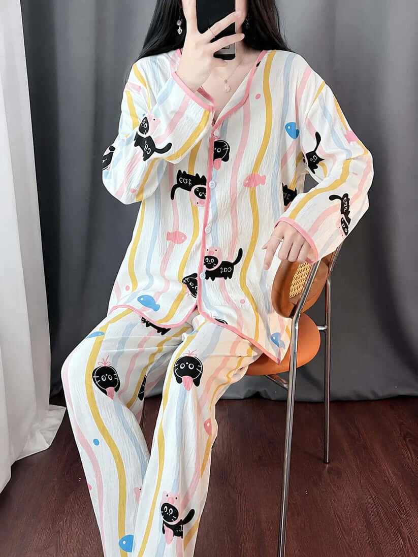 Off White All Over Strawberry Printed Full Sleeves V-Neck Button PJ Set For Her