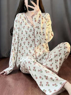 Off White All Over Rosses Flowers Printed Pipin Button PJ Set For Her