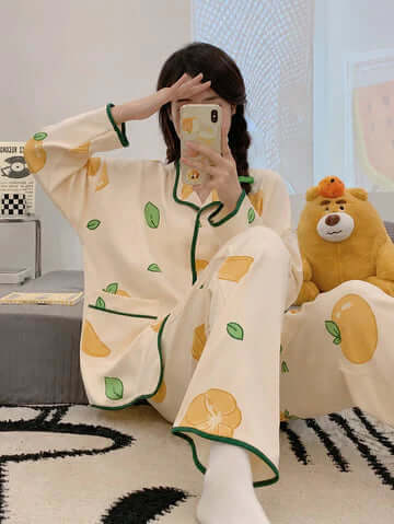 Off White Multi Fish with Kitty Printed Pipin Button PJ Set For Her