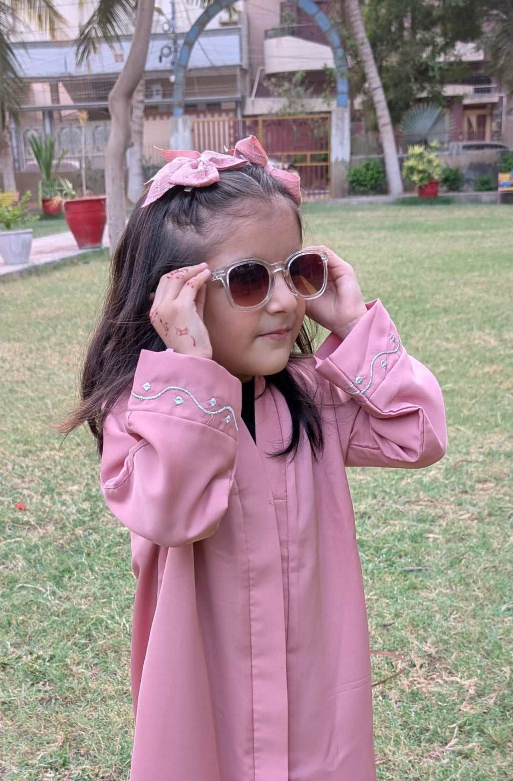 Blush Pink Silver Emb Front Open Kids Abaya