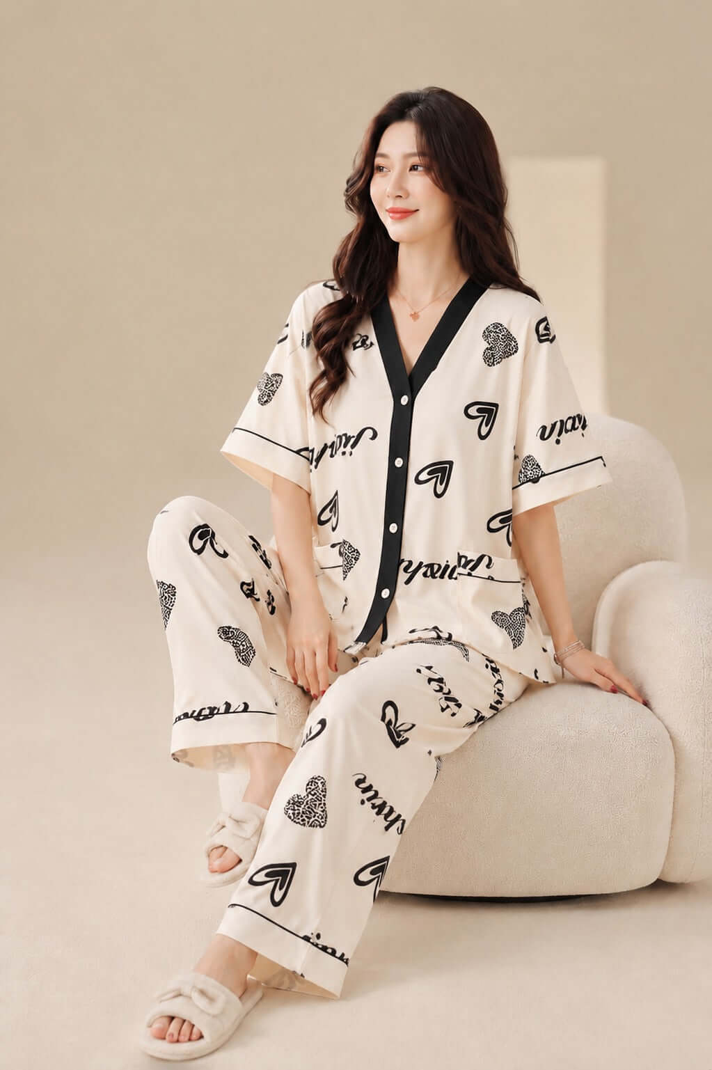 Off White with Black Heart Drop Shoulder V Neck Button Pjs Set