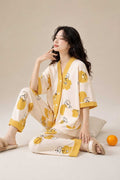 Off White with Yellow Pipin Bear Drop Shoulder Half Sleeves V Neck Button Pjs Set