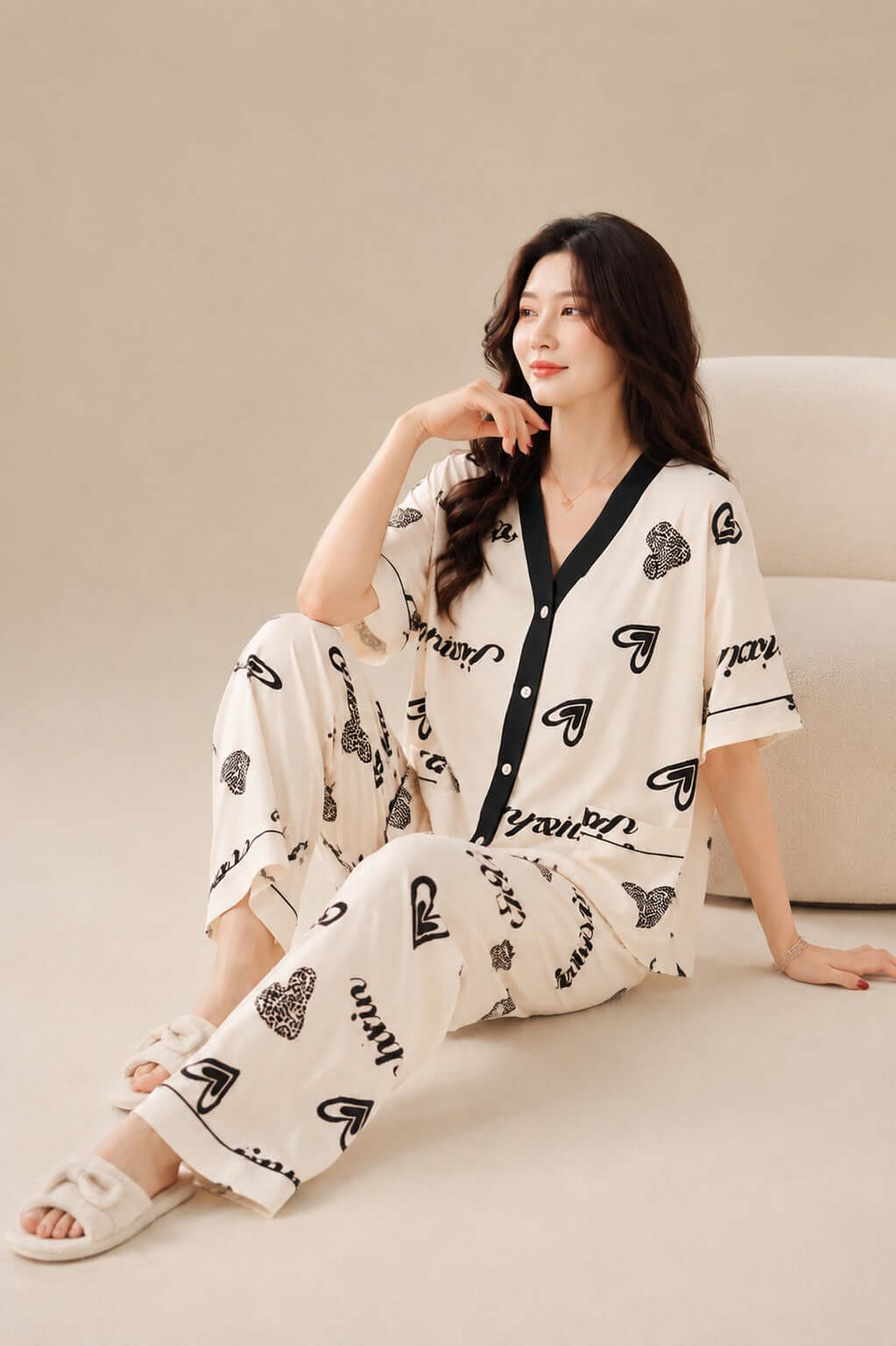 Off White with Black Heart Drop Shoulder V Neck Button Pjs Set