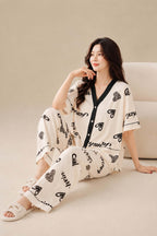 Off White with Black Heart Drop Shoulder V Neck Button Pjs Set