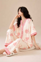 Off White with Pink Bear Drop Shoulder Half Sleeves V Neck Button Pjs Set
