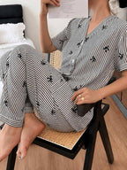 White with Black Linning All Over Bow Button V-Neck Pj Set
