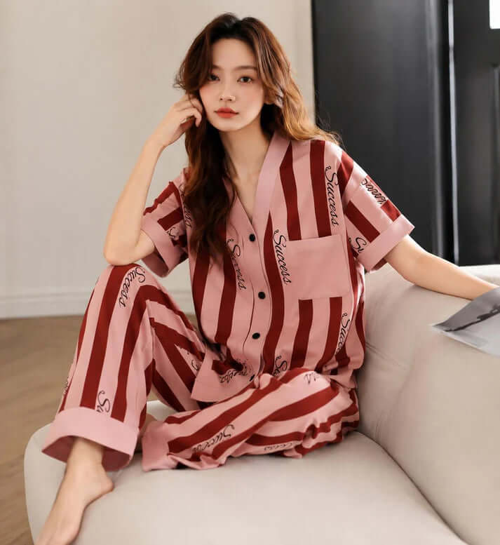 Pink with Maroon Lining Success Printed Button Style Pj Set
