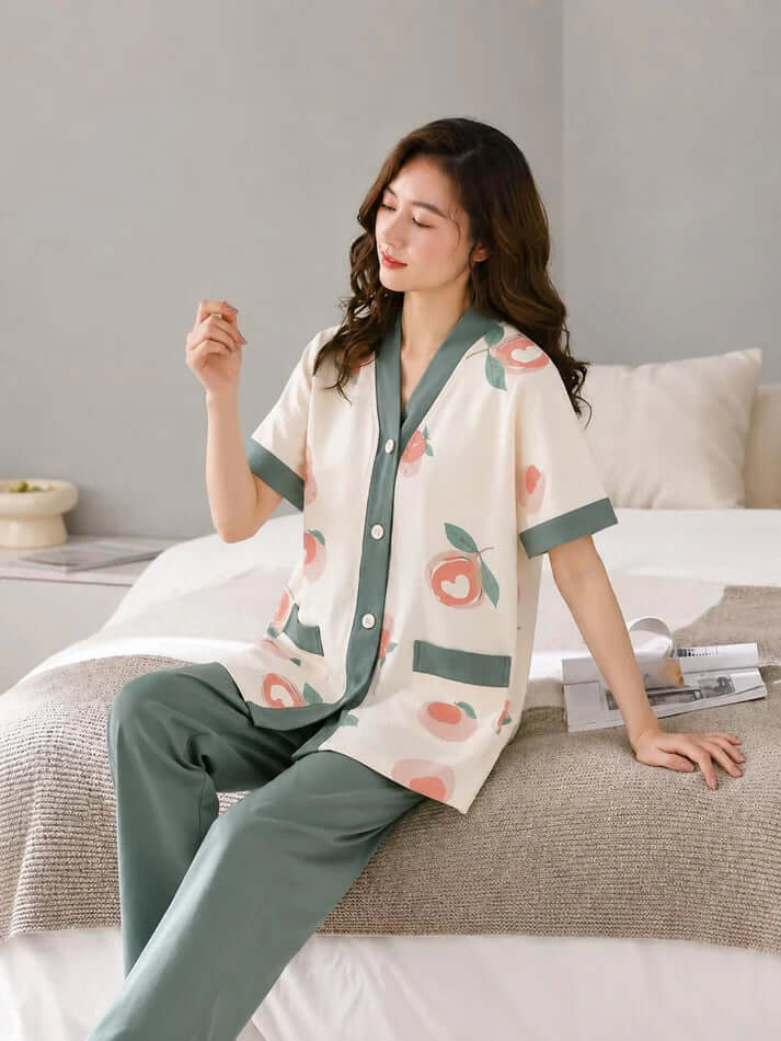 Off white with Blue All Over Flowers Printed Button Style Pj Set