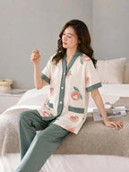 Off white with Blue All Over Flowers Printed Button Style Pj Set