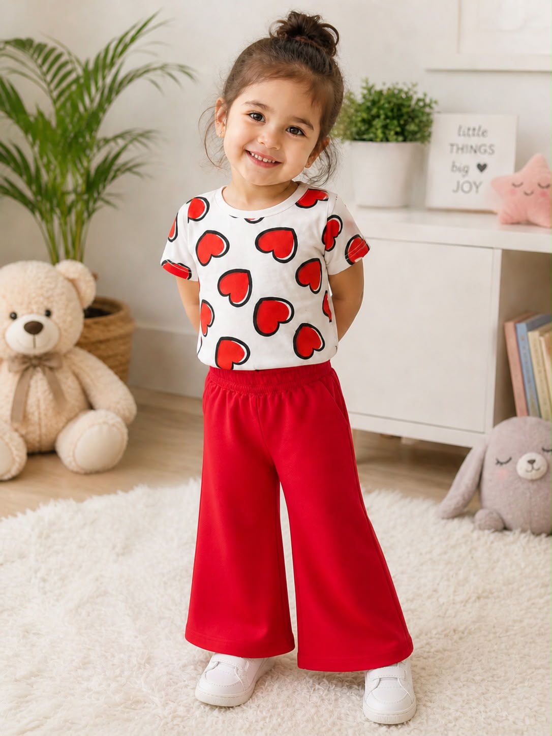 Red Heart With Red Trouser Printed Kids Night Suit