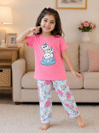 Pink Cat With Trouser Printed Kids Night Suit