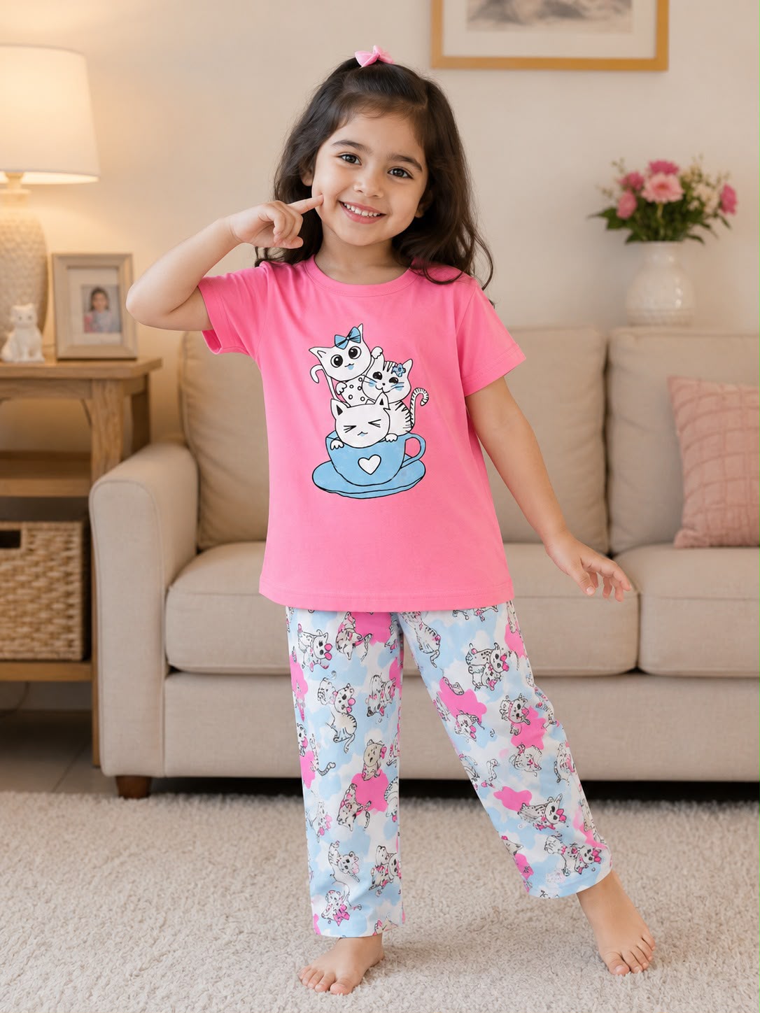 Pink Cat With Trouser Printed Kids Night Suit
