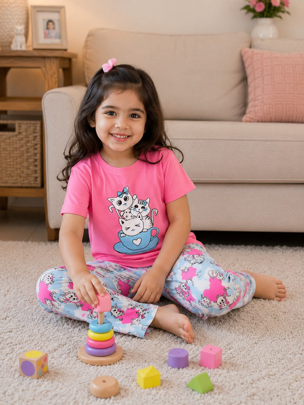 Pink Cat With Trouser Printed Kids Night Suit