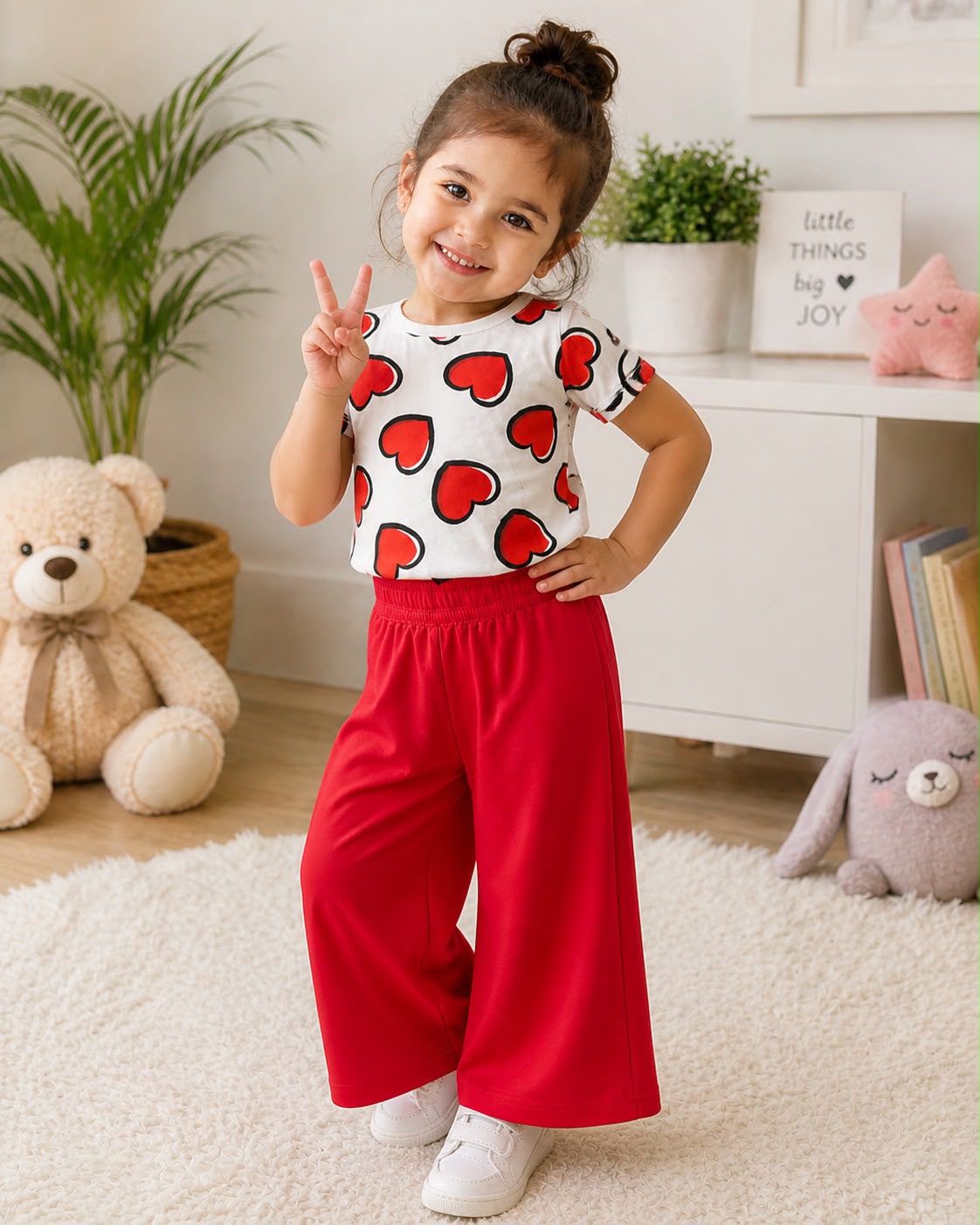 Red Heart With Red Trouser Printed Kids Night Suit