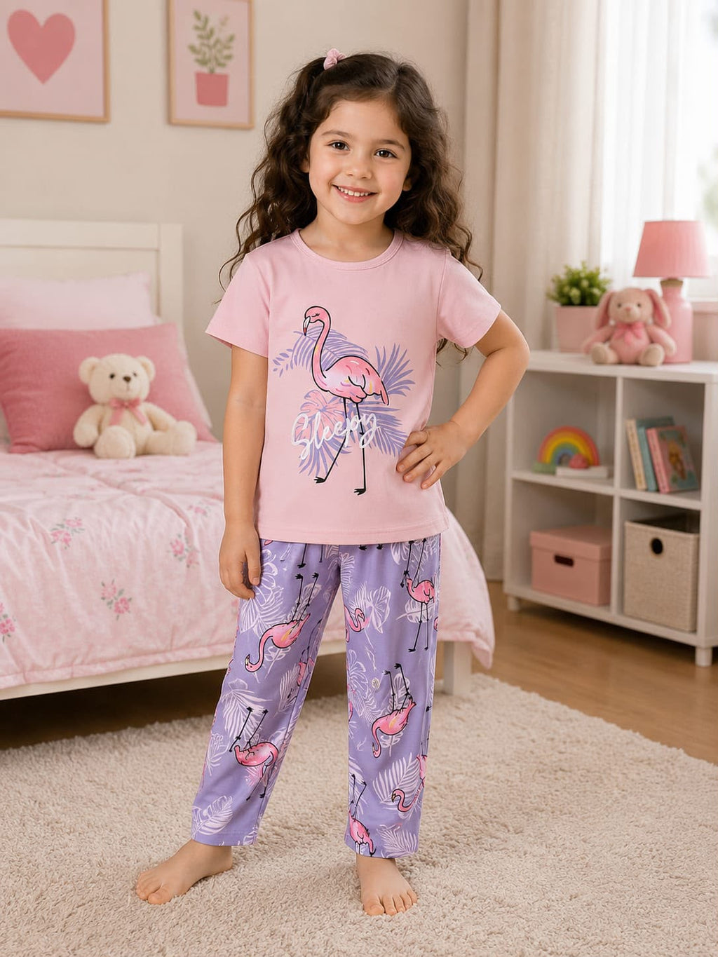 Pink Duck With Trouser Printed Kids Night Suit