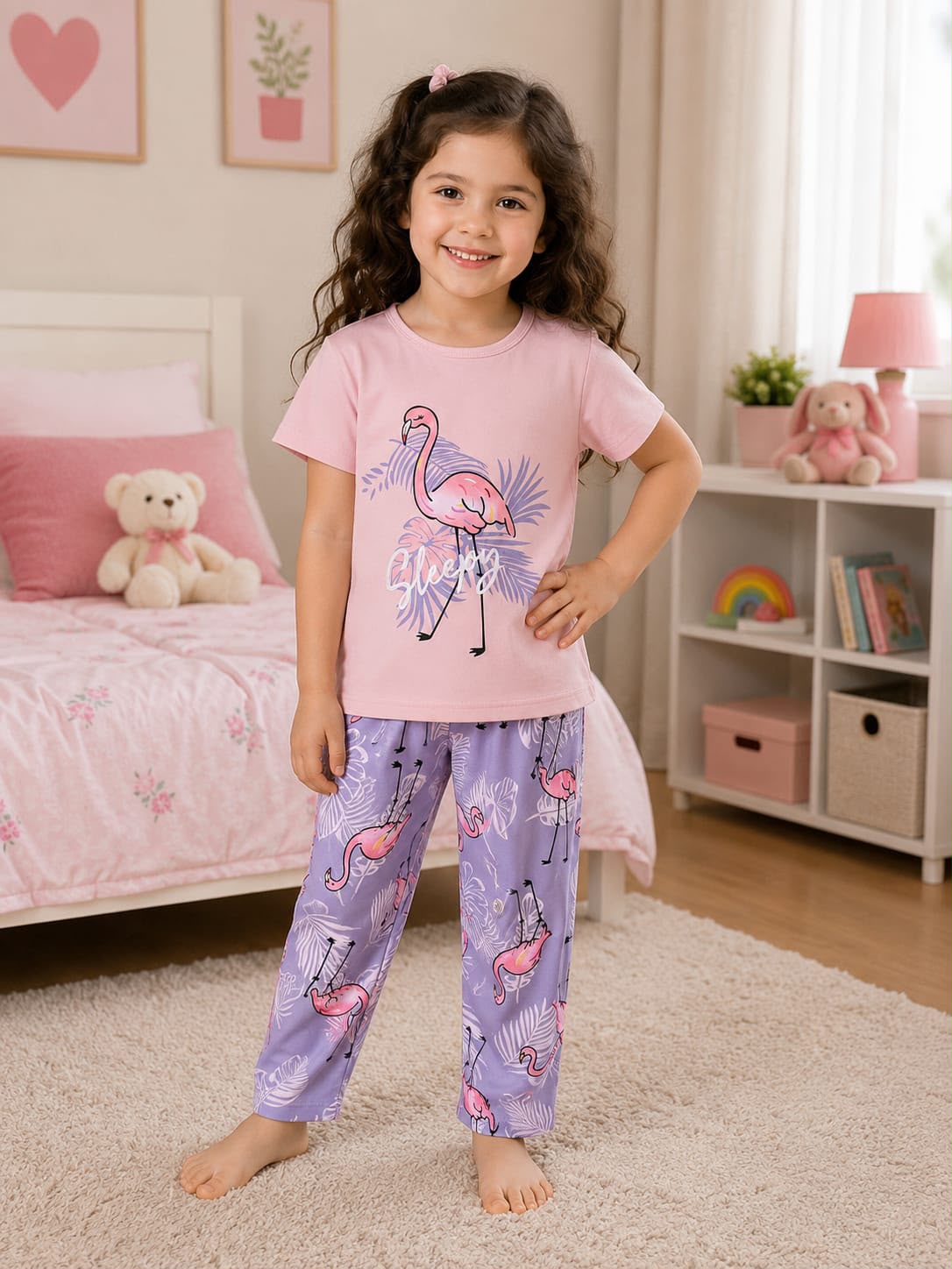 Pink Duck With Trouser Printed Kids Night Suit