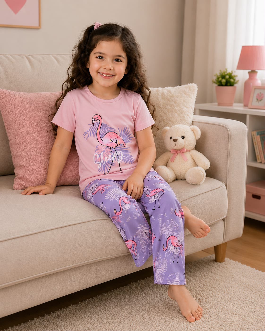 Pink Duck With Trouser Printed Kids Night Suit