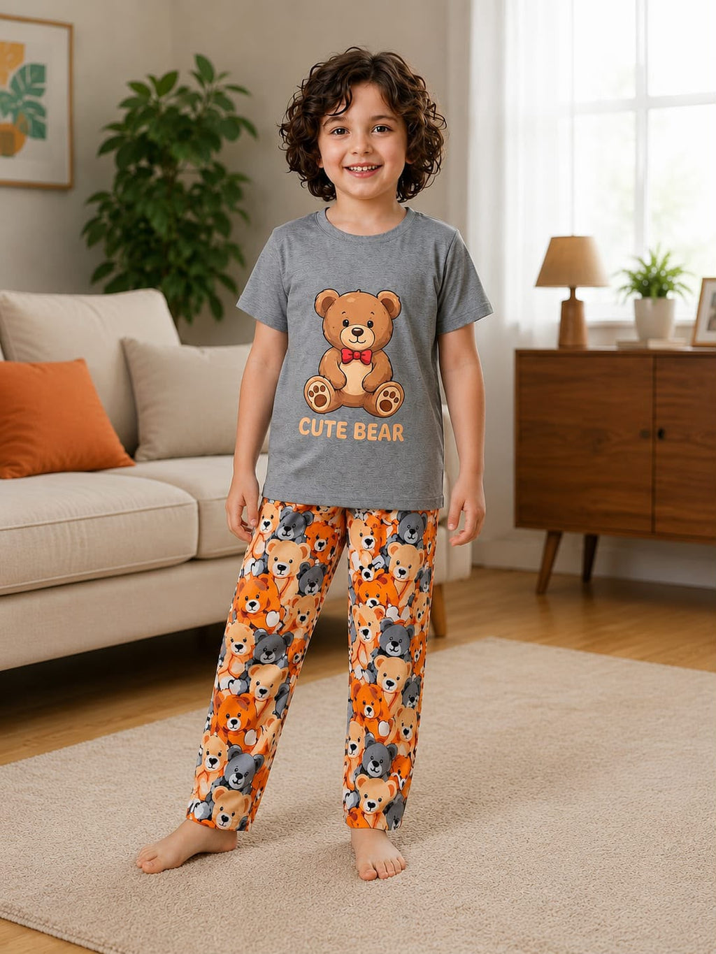 Cute Bear Brown Tshirt With Trouser Printed Kids Night Suit