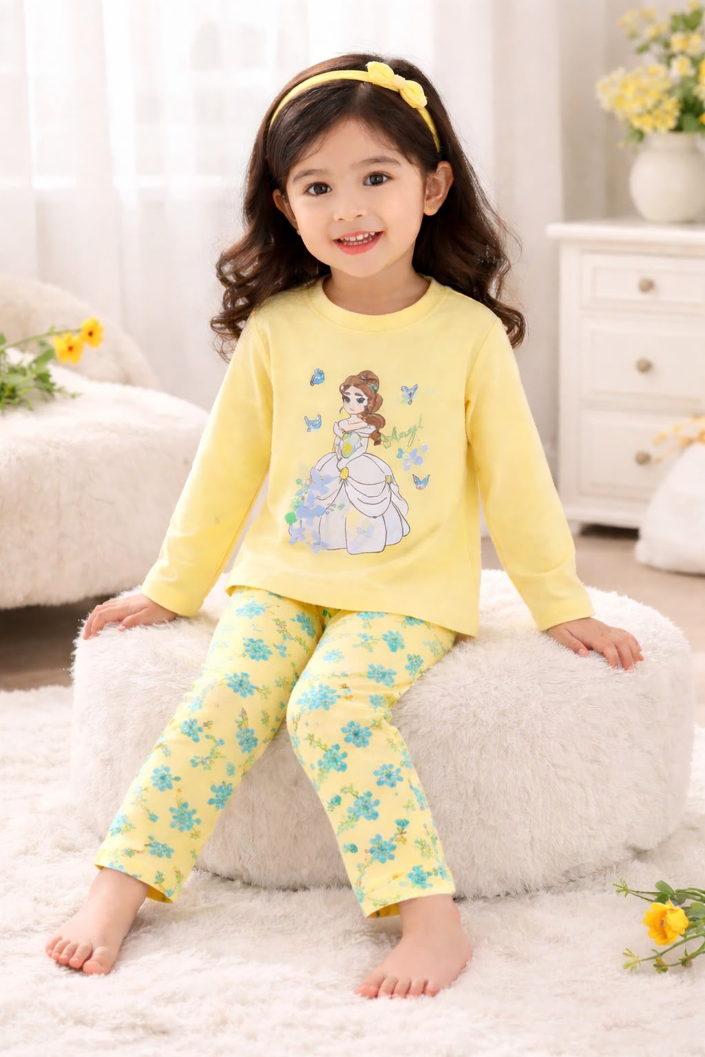 Yellow Barbie Tshirt With Trouser Printed Kids Night Suit