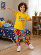 Yellow Fun Zone Tshirt With Trouser Printed Kids Night Suit