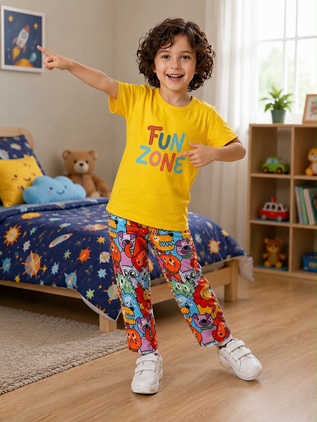 Yellow Fun Zone Tshirt With Trouser Printed Kids Night Suit