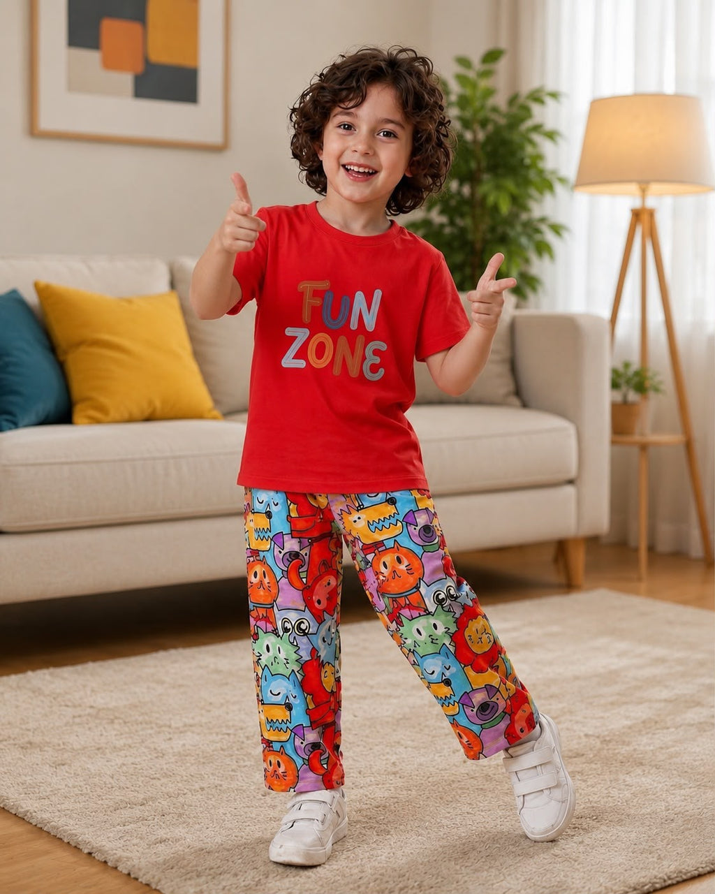 Red Fun Zone Tshirt With Trouser Printed Kids Night Suit