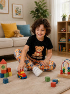 Black Cute Bear Tshirt With Trouser Printed Kids Night Suit