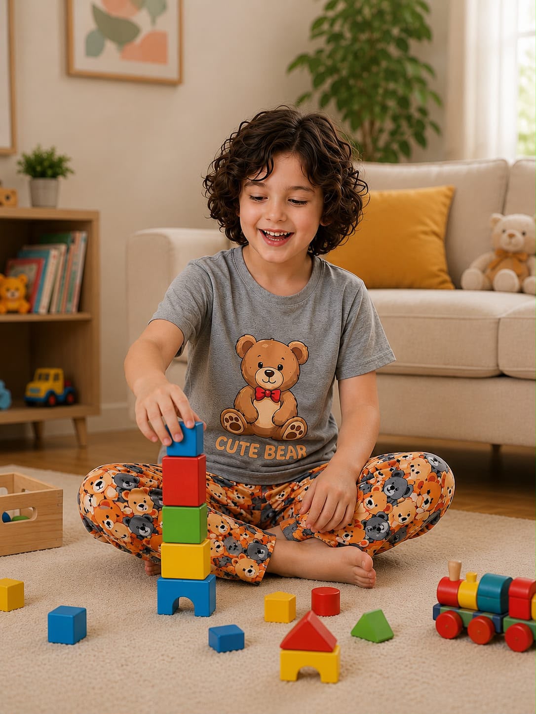 Grey Cute Bear Tshirt With Trouser Printed Kids Night Suit