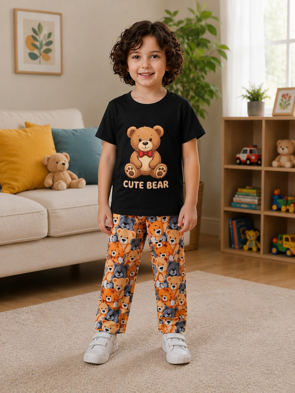 Black Cute Bear Tshirt With Trouser Printed Kids Night Suit